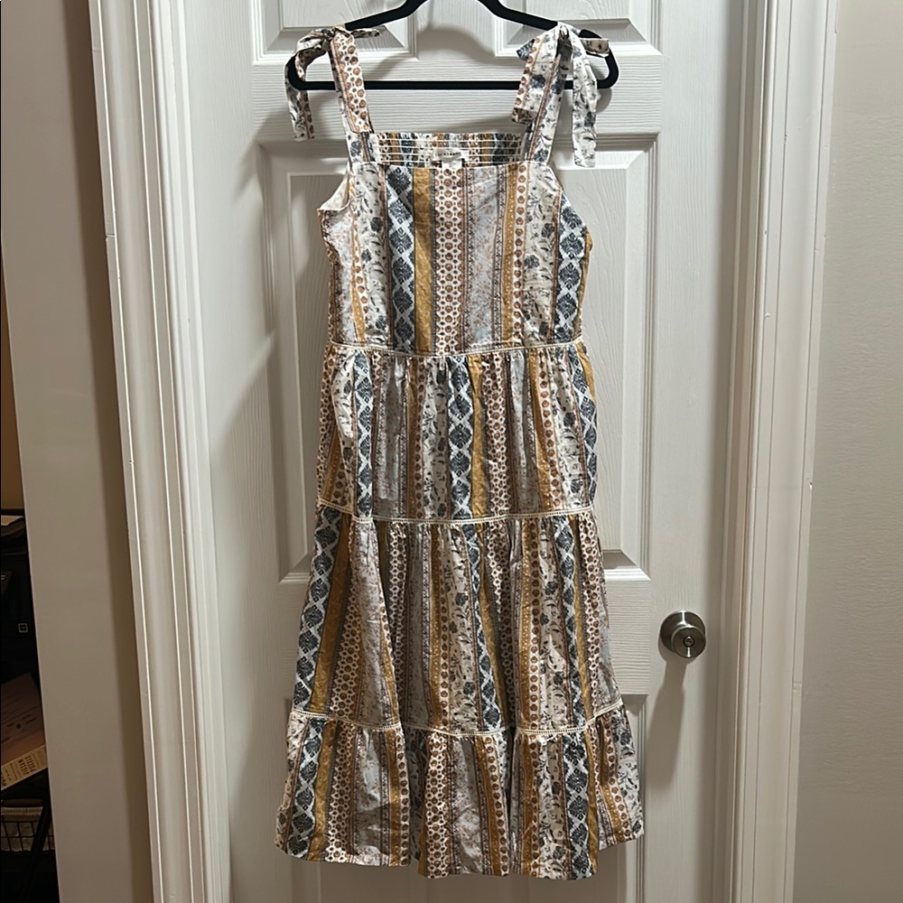 Lucky Brand Tiered Maxi Dress in White, Mustard & Gray Stripes